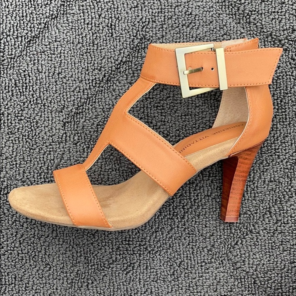 Adrienne Vittadini tan Varsity strappy heel